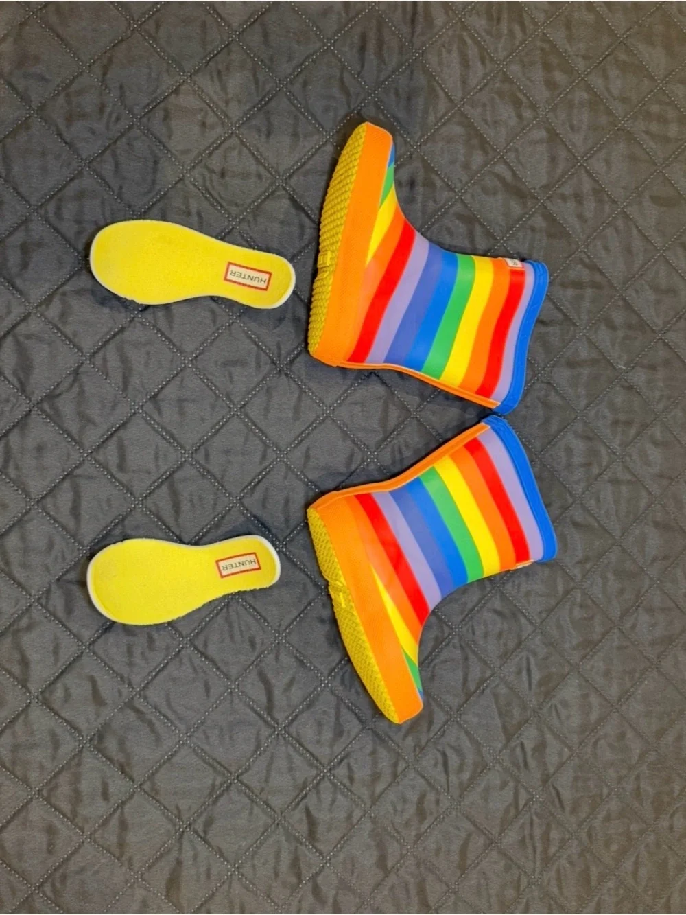 Hunter Kids Rainbow Striped Rain Boots with Yellow Lining